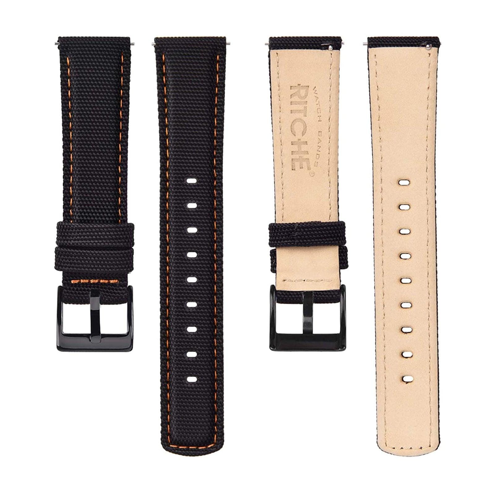 Sailcloth water-resistant watch strap 17-24 mm. Black with red stitching.