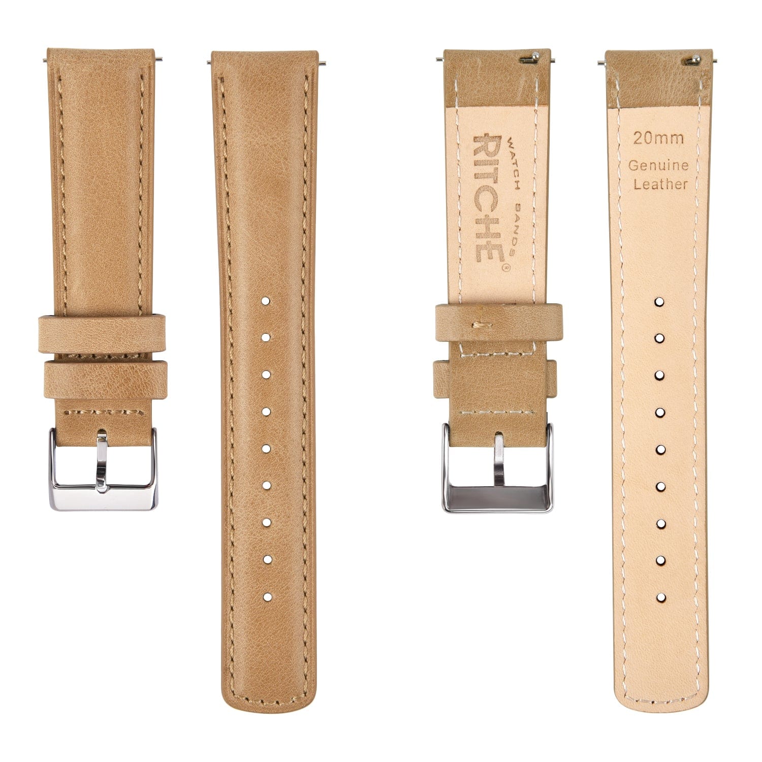 Leather Watch Band in Khaki With Padded, Quick Release Leather Straps